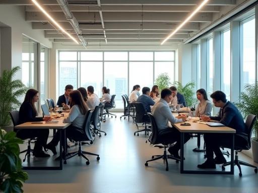 Modernes Büro mit offenem Raumkonzept und Team am Arbeitsplatz